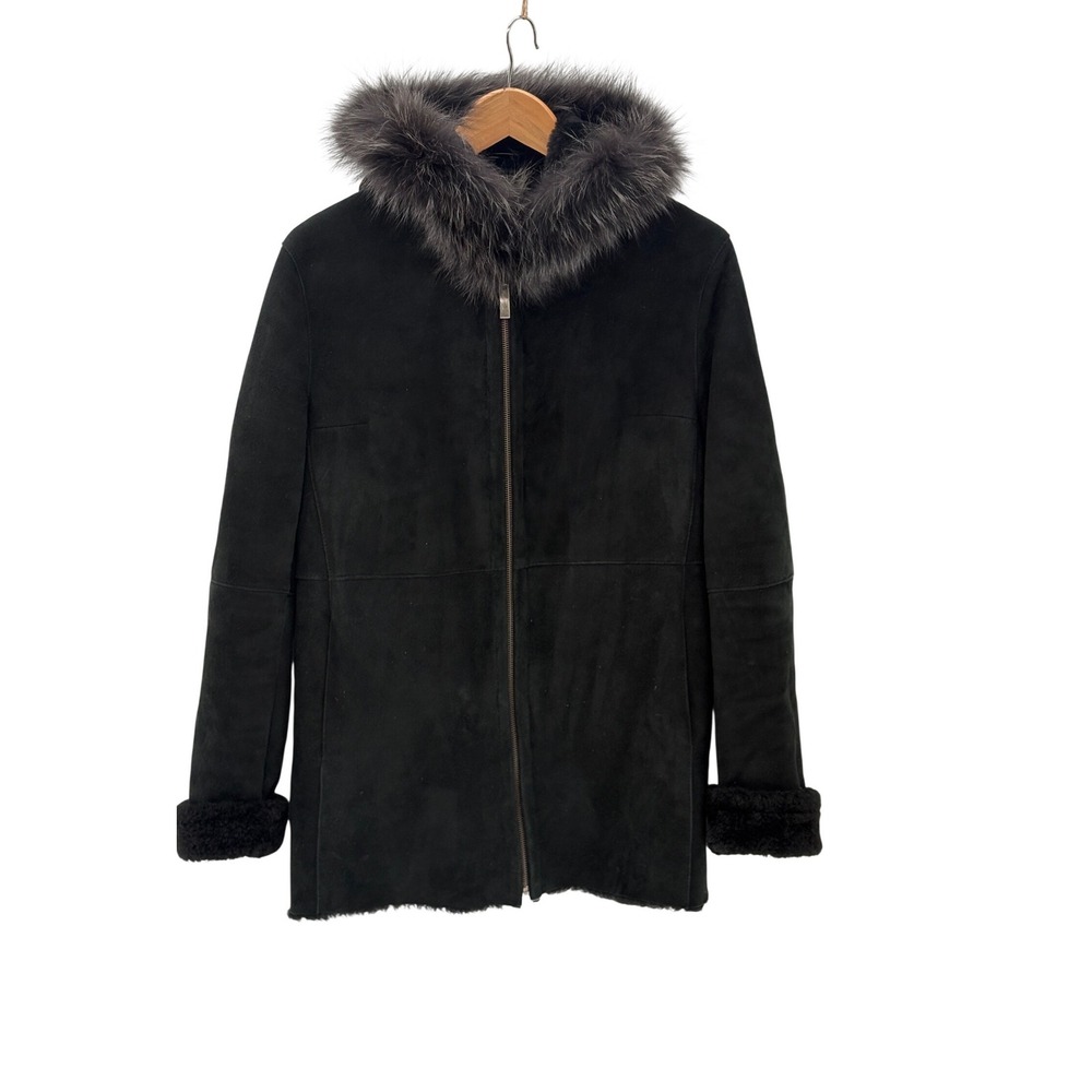 Vintage Jacques Ferber Coat Suede Leather Sheepskin Fur‎ Women Small Black Hood